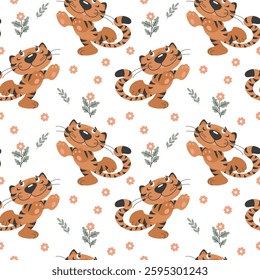 Seamless pattern, cute dancing baby tigers and flowers, brown and gray colors. Print for children, children's textiles, kids bedroom decor