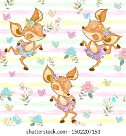 Seamless pattern with cute dancing fawns. Ballerinas. Vector.