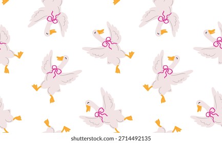 Patrón sin costuras Lindo baile de gansos niñas con lazos de color rosa brillante Ilustración dibujada infantil Fondo de pantalla Tela Impresión Vivero Ropa de bebé Niños Decoración