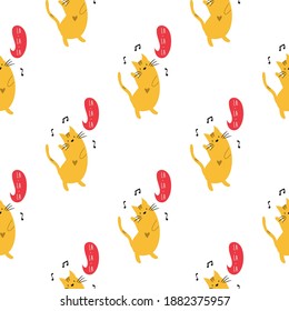 Seamless pattern with cute dancing kittens, cats. Vector illustration with funny animal characters.