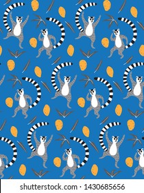 Seamless pattern with cute dancing lemurs and mangoes on blue background.