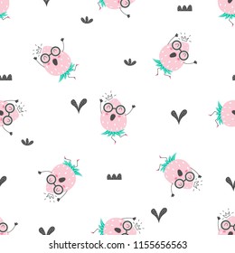 Seamless pattern with cute dancing strawberries in glasses on a white background. Funny vector illustration.