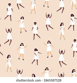 Seamless pattern with cute dancing woman. Vector illustration in a flat style