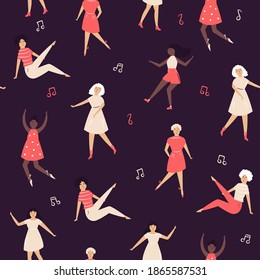 Seamless pattern with cute dancing woman. Vector illustration in a flat style