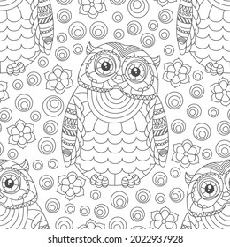 Seamless pattern with a cute dark contour owls and  flowers on a white background