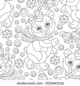 Seamless pattern with cute dark contour bears, butterflies and flowers, outline animals on a white world