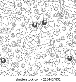 Seamless pattern with a cute dark contour owls, flowers and clouds on a white sky background