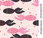 Seamless pattern with cute dark and pink fishes with hearts. Vector illustration for Valentine