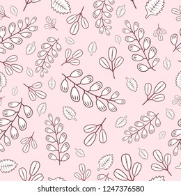 Seamless pattern with cute dark pink doodle branches on a pink background.Pastel print for fabric,wrapping paper,greeting cards,wedding invitations,wallpaper,mugs,background for your design