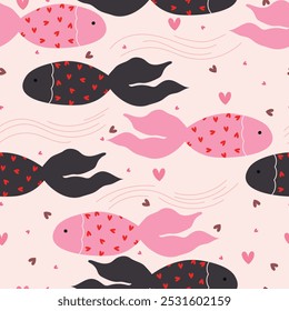 Seamless pattern with cute dark and pink fishes with hearts. Vector illustration for Valentine's Day.