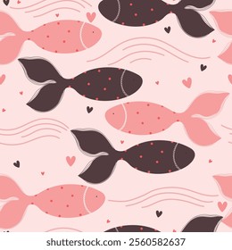 Seamless pattern with cute dark and pink fishes with hearts. Vector illustration for Valentine's Day.	
