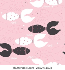 Seamless pattern with cute dark and pink fishes with hearts. Vector illustration for Valentine's Day.	