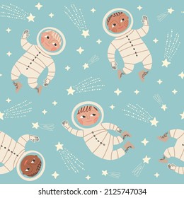 Seamless pattern with cute dark-skin astronauts and stars on a blue background. Space digital background with vector hand drawn elements. Seamless pattern for kids fabric, textile.