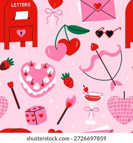 Padrão contínuo do bonito Dia dos Namorados com elementos românticos do amor. Inclui bolo em forma de coração, cerejas, envelope carta de amor. Perfeito para projetos de Dia dos Namorados, papel de embrulho. Ilustração de vetor plano