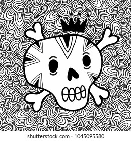 Seamless pattern with cute dead human and bones. Vector background with skull in crown.
