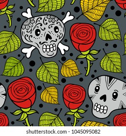 Seamless pattern with cute dead humans and roses. Vector wallpaper with skull.