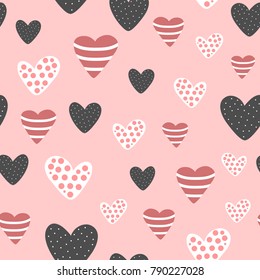 Seamless pattern with cute decorated hearts. Sketch, doodle, drawn by hand. Vector illustration.