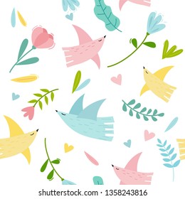 Seamless pattern with cute decorative birds and flowers