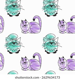 Seamless pattern with cute decorative cats. Green and blue colors