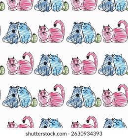 Patrón sin fisuras con lindos gatos decorativos. Colores rosa y azul