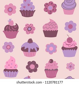 Seamless pattern with a cute decorative cupcakes and flowers