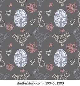 Seamless pattern of cute decorative Easter bunnies, birds, eggs and floral elements. Vector festive pattern. Suitable for backgrounds, wrapping paper, fabrics.