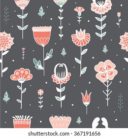  Seamless pattern with cute decorative flowers painted by hand