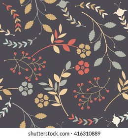 Seamless pattern with cute decorative flowers, leaves and berries on purple background can be used for wallpapers, surface textures, textile, kids cloth, pattern fills and more designs. 