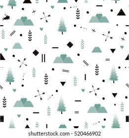  Seamless pattern with cute decorative leaves, herbs  and mountains. Nature , tourism, hiking. All elements are  hidden under mask. Pattern are not cropped and can be edited.