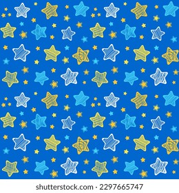 Patrón inmaculado con bonitas estrellas decorativas sobre fondo azul. Diseño de ilustración vectorial para tela, papel envolvente, fondo, papel pintado, moda infantil.