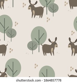 Patrón sin foco con ciervo lindo entre los árboles. Papel pintado decorativo para el vivero al estilo escandinavo. Vector. Adecuado para prendas de vestir para niños, diseño interior, embalaje, impresión.