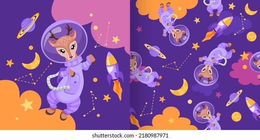 Seamless Pattern With Cute Deer Astronaut In The Open Space On Colorful Background For Children Wallpaper Textile Christmas Print Or For Nursery Design. Vector Cartoon Illustration