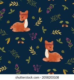 Seamless pattern, cute deer with autumn leaves, watercolor vector illustration, kids texture, wallpaper.