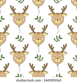 seamless pattern of cute deer balloon and green leaves vector illustration, doodle style