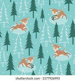 Seamless Pattern with Cute Deer. Cartoon Animals Background, Vector Illustration 