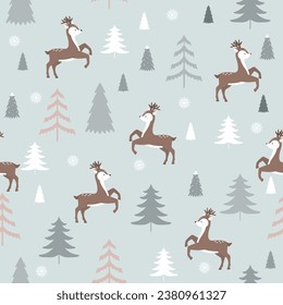 Seamless pattern with cute deer with christmas tree. Deer, fir-tree and snowflakes.