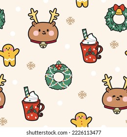 Seamless pattern of cute deer face background in merry christmas concept.Holly,gingerbread,sweet drink hand drawn.Animal cartoon character design.New year.Kawaii.Vetor.Illustration.