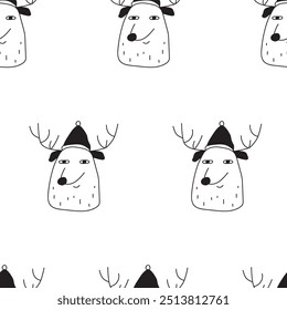 Seamless pattern. A cute deer face wearing a Santa Claus hat. Black color. Outline illustration on white background.