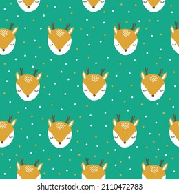 Seamless pattern. cute deer faces and white dots on a bright green background. vector texture. trendy print for textiles, wallpaper and packaging. 