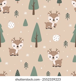 Seamless pattern with cute deer, fir tree and snowflake. Winter cartoon animal. Use for prints, textiles, fabric, wallpaper, stationery, nursery, wrapping