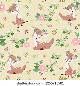 seamless pattern cute deer with floral crown  in the  flower garden, beautiful deer in  flower forest,illustration vector doodle comic art.