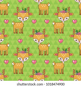 Seamless pattern. A cute deer with a flower wreath on his head. The deer in love. Kawaii style.