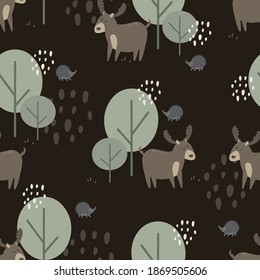 Seamless pattern with cute deer in the forest. Decorative wallpaper for the nursery in the Scandinavian style. Vector. Suitable for children's clothing, interior design, packaging, printing.