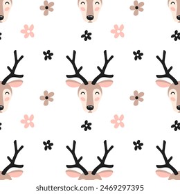Seamless pattern with cute deer head and pink flowers on white background. Kids design for print, textile, wrapping paper, wallpaper, nursery. 