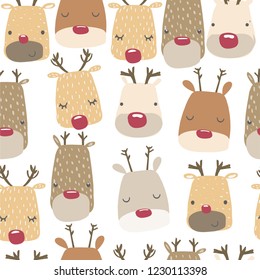 Seamless pattern with cute deer. Holiday background. Vector hand drawn illustration.