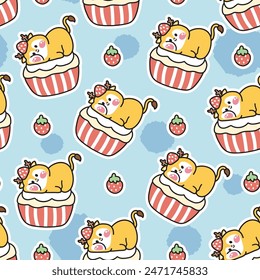 Seamless pattern of cute deer lay on cupcake with strawberry sticker background.Wild animal character cartoon design.Image for card,sticker,baby clothing.Kawaii.Vector.Illustration