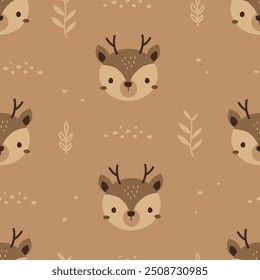 Seamless pattern with cute deer and leaf. Used for fabric, textile, wallpaper, wrapping, apparel design. Vector illustration