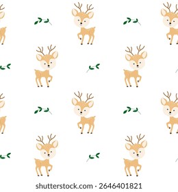 Seamless pattern with cute deer and leaves hand drawn using trendy textures on white background. Image for printing on wrapping paper and canvas, for kids, poster or banner