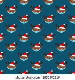 Seamless pattern with cute deer in medical mask. Holiday background. Flat vector illustration.