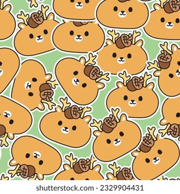 Seamless pattern of cute deer with oak on head sticker green background.Wild animal character cartoon design.Baby clothing.Kawaii.Vector.Illustration.